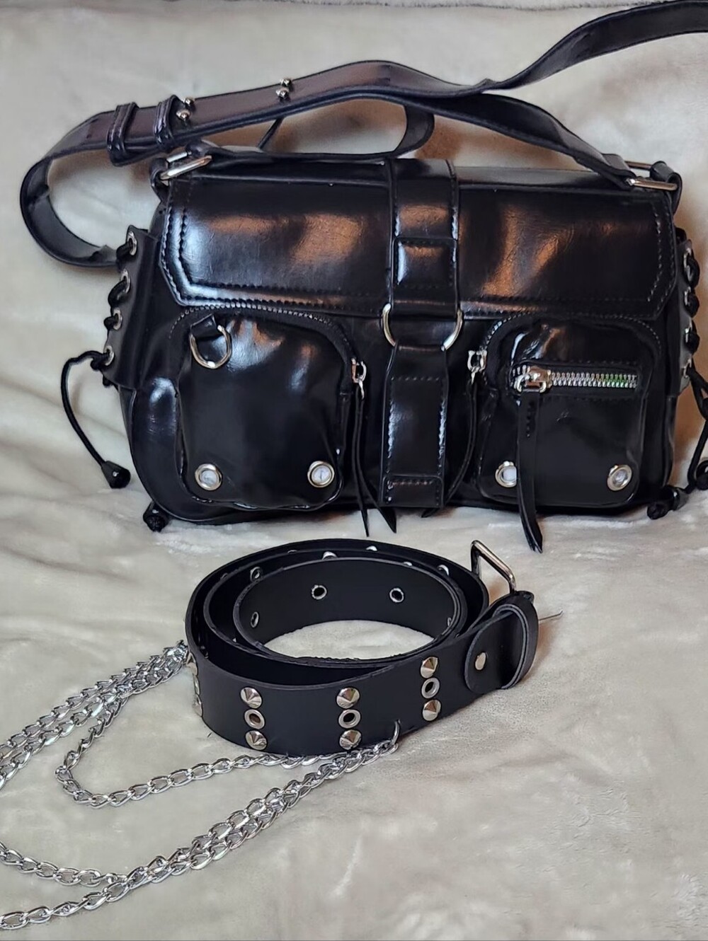 Y2K-Style Motocycle Faux Leather Shoulder Bag & Belt With Chains Set